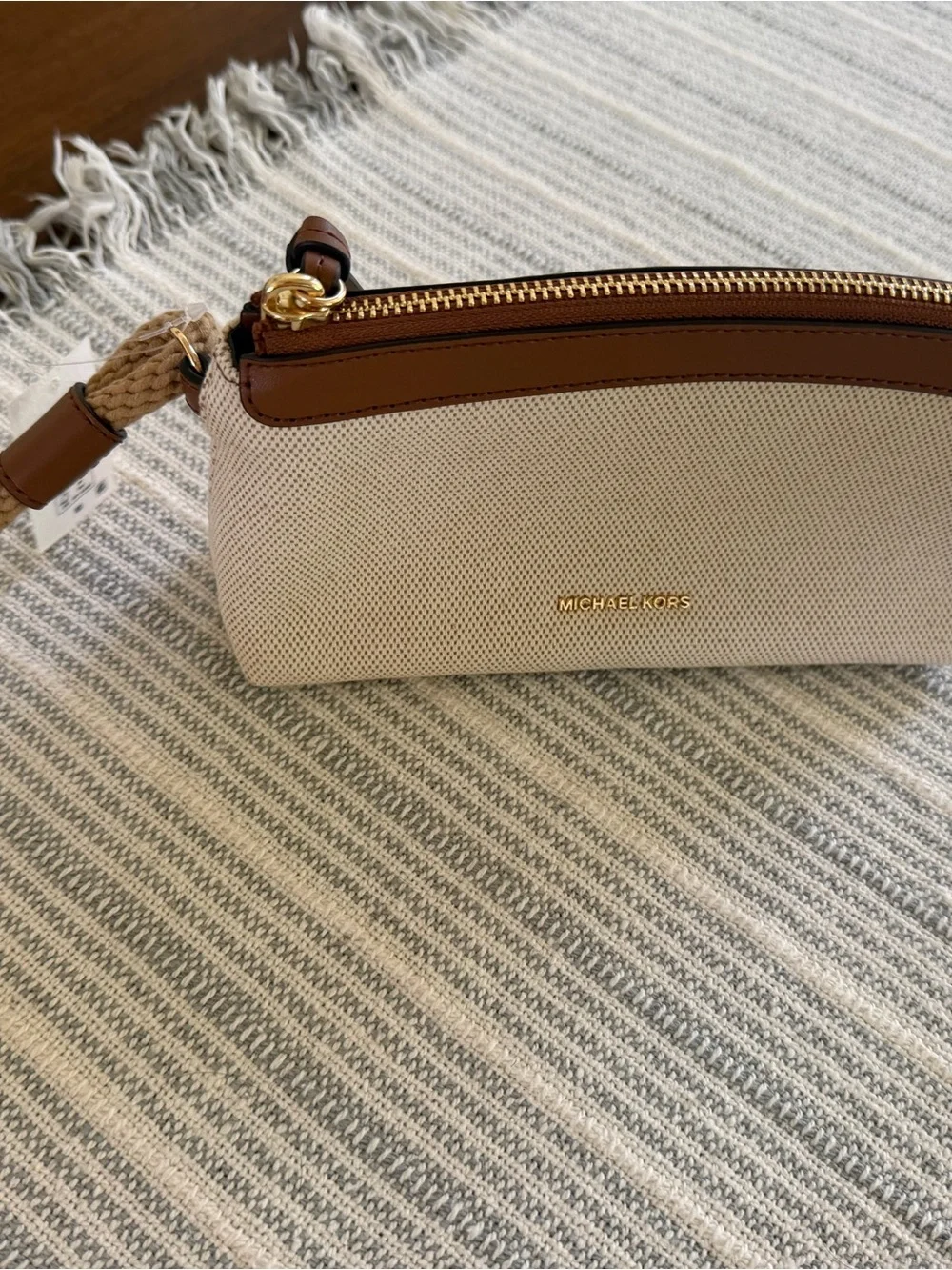 Michael Kors Cream Canvas Wristlet with Brown Trim